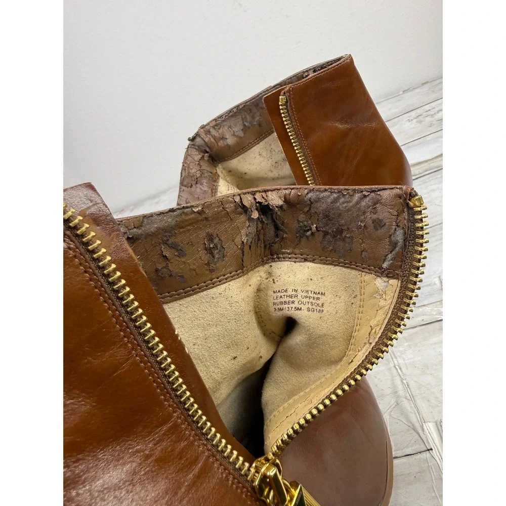 Michael Kors Brown Leather Ankle Boots Block Heel Gold Zip